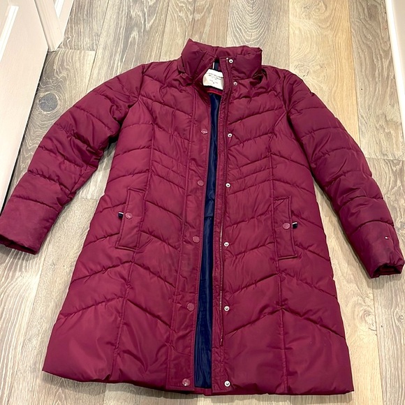 Tommy Hilfiger Burgandy Puffer Long Jacket Coat Detachable Faux Fur Hoodie M - Picture 13 of 15